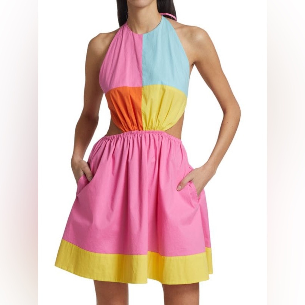 STAUD Vibrant Pink and Yellow Mini Dress
